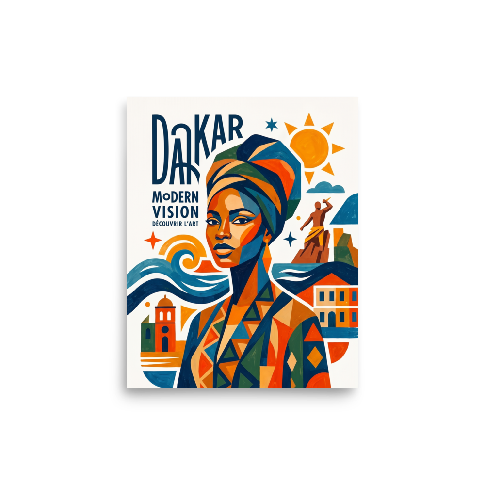'Dakar Modern Vision' — a Dakar School,Cubism print. A vibrant geometric poster print celebrating Dakar with a portrait of an elegant woman, ocean waves, and stylized typography, perfect for office or living room wall art.