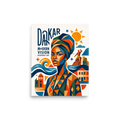 'Dakar Modern Vision' — a Dakar School,Cubism print. A vibrant geometric poster print celebrating Dakar with a portrait of an elegant woman, ocean waves, and stylized typography, perfect for office or living room wall art.