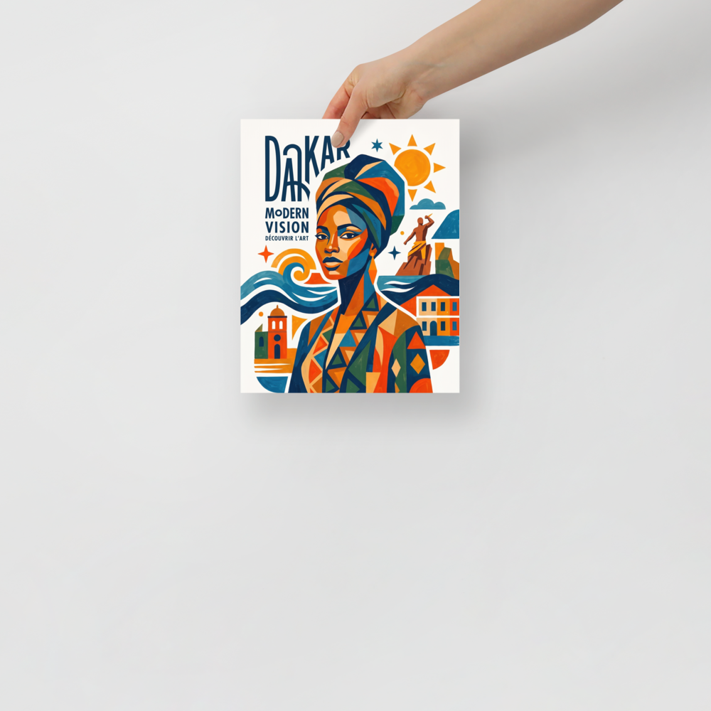 'Dakar Modern Vision' — a Dakar School,Cubism print. A vibrant geometric poster print celebrating Dakar with a portrait of an elegant woman, ocean waves, and stylized typography, perfect for office or living room wall art.