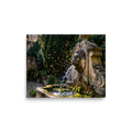 'Fountain of the Swarm' — a Art photography print. A photograph capturing golden bees flying around a splashing antique stone lion fountain in a sunlit garden, ideal for a sunroom or living room.