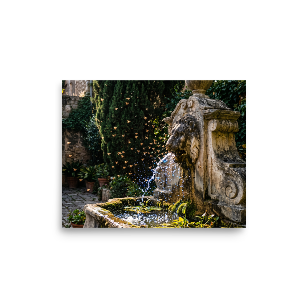 'Fountain of the Swarm' — a Art photography print. A photograph capturing golden bees flying around a splashing antique stone lion fountain in a sunlit garden, ideal for a sunroom or living room.