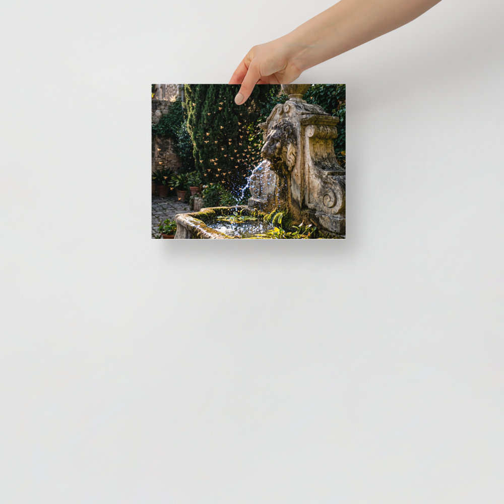 'Fountain of the Swarm' — a Art photography print. A photograph capturing golden bees flying around a splashing antique stone lion fountain in a sunlit garden, ideal for a sunroom or living room.