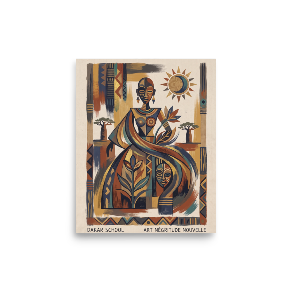 'Spirit of Négritude' — a Dakar School,Modernism print. A geometric Dakar School art print celebrating African Négritude with an elegant figure and ancestral symbols, making meaningful living room or library wall art.