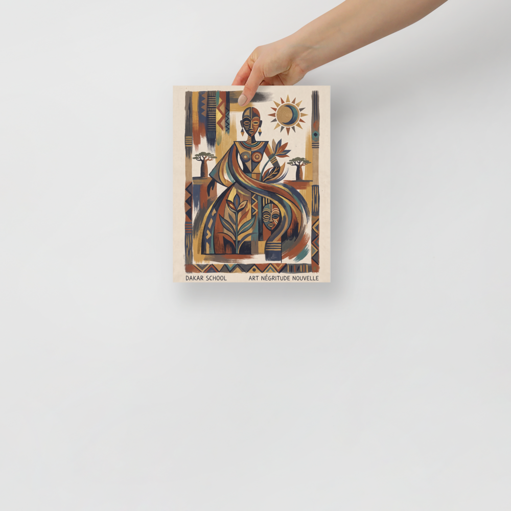 'Spirit of Négritude' — a Dakar School,Modernism print. A geometric Dakar School art print celebrating African Négritude with an elegant figure and ancestral symbols, making meaningful living room or library wall art.