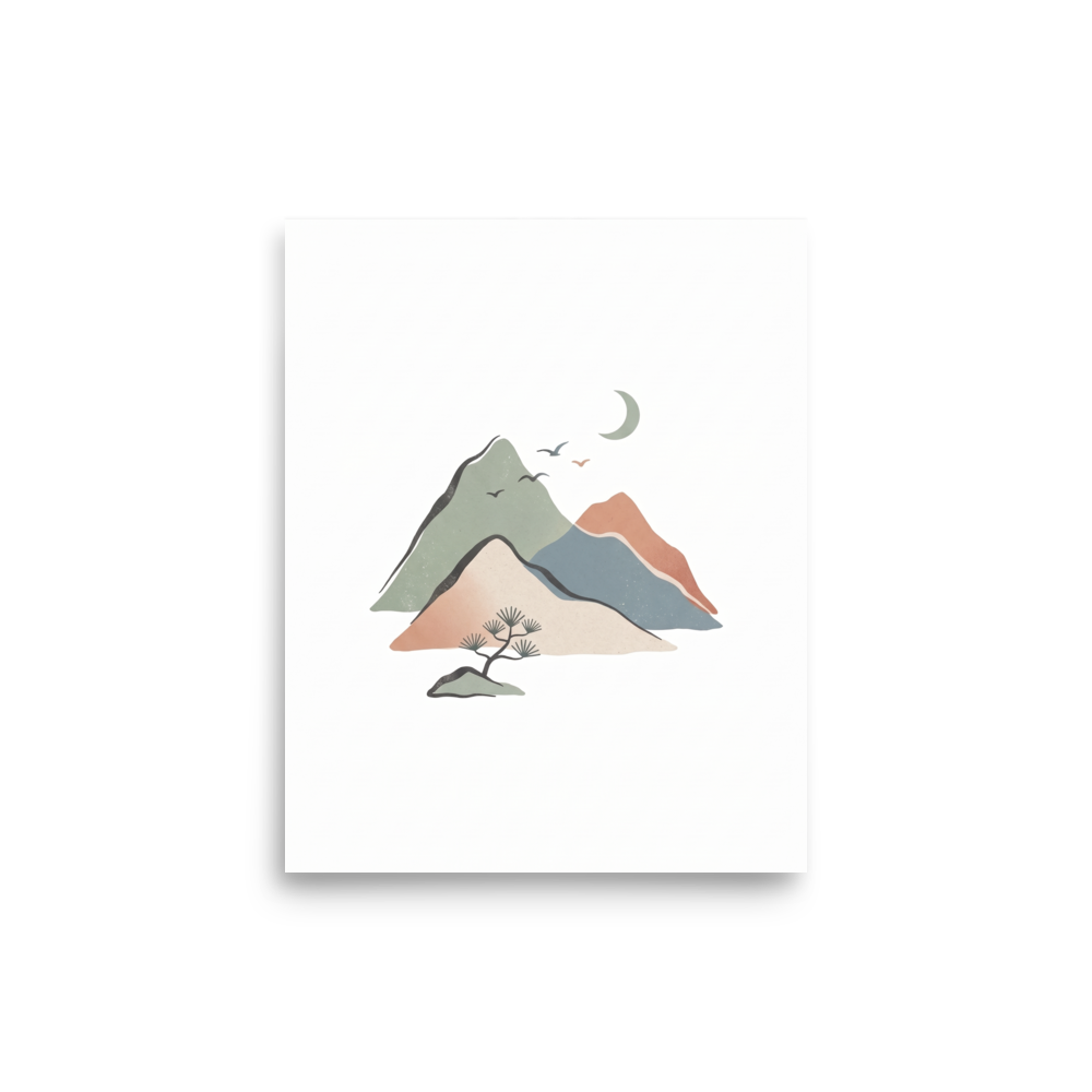 'Mountain Solace' — a Shin hanga print. A minimalist landscape of layered mountains in sage green and terracotta beneath a crescent moon and a bonsai pine, ideal for bedroom wall art.