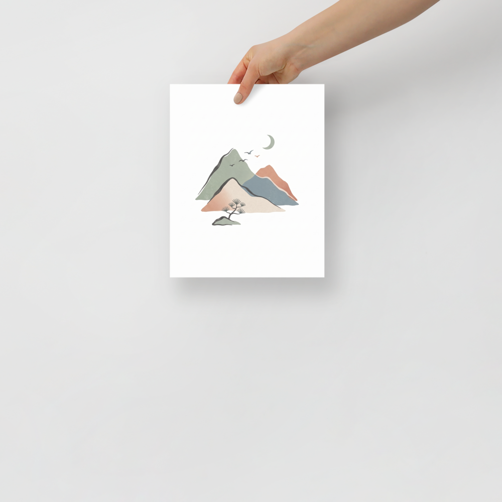 'Mountain Solace' — a Shin hanga print. A minimalist landscape of layered mountains in sage green and terracotta beneath a crescent moon and a bonsai pine, ideal for bedroom wall art.