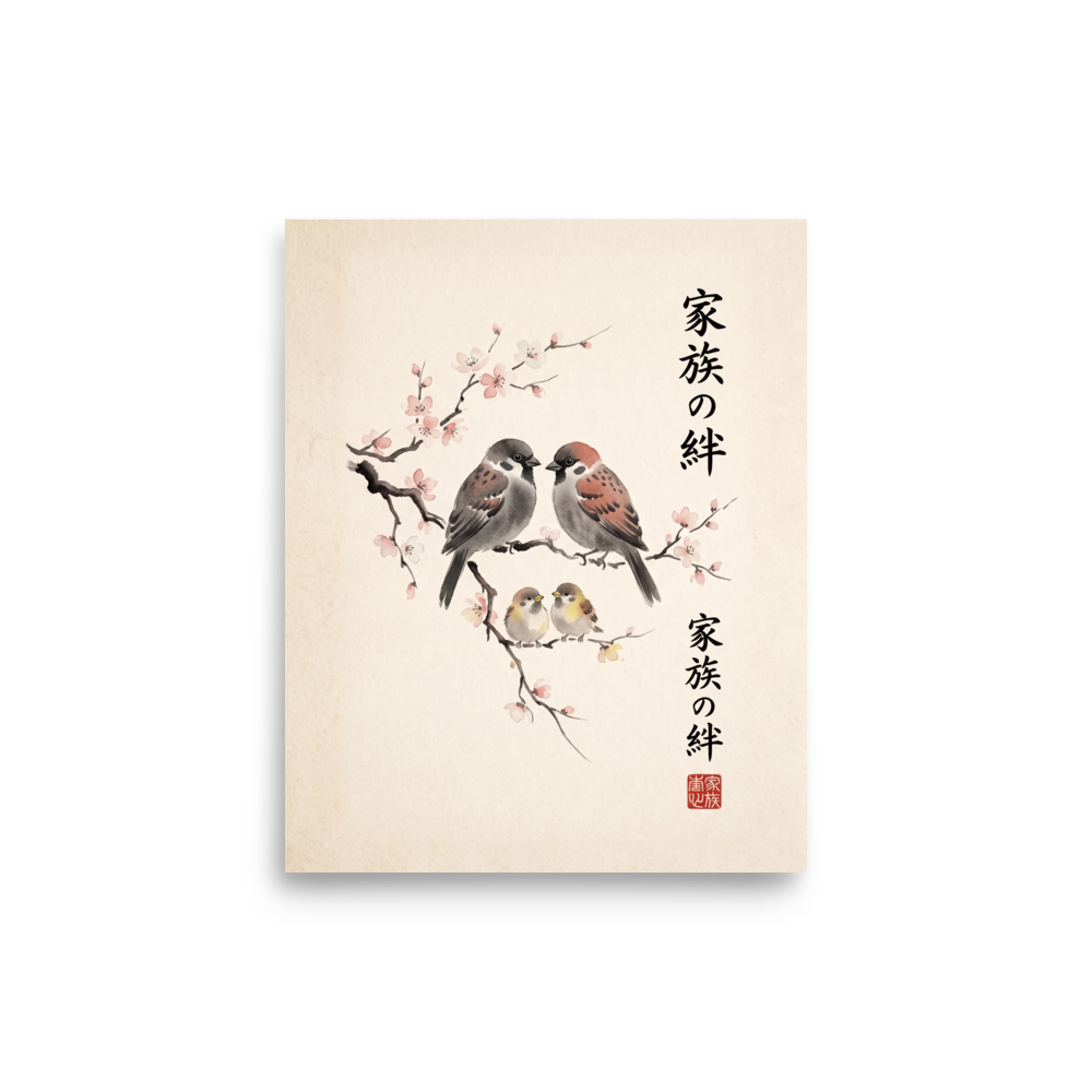 'Sparrows of Spring' — a Shin hanga,Japanese art print. A delicate Japanese ink wash painting of a sparrow family on a cherry blossom branch, making peaceful bedroom or nursery wall art.