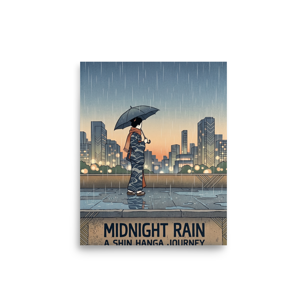 'Midnight Rain' — a Shin hanga print. A woman holding an umbrella stands on a terrace looking toward a rainy city skyline at dusk above typography reading Midnight Rain, perfect for a living room.