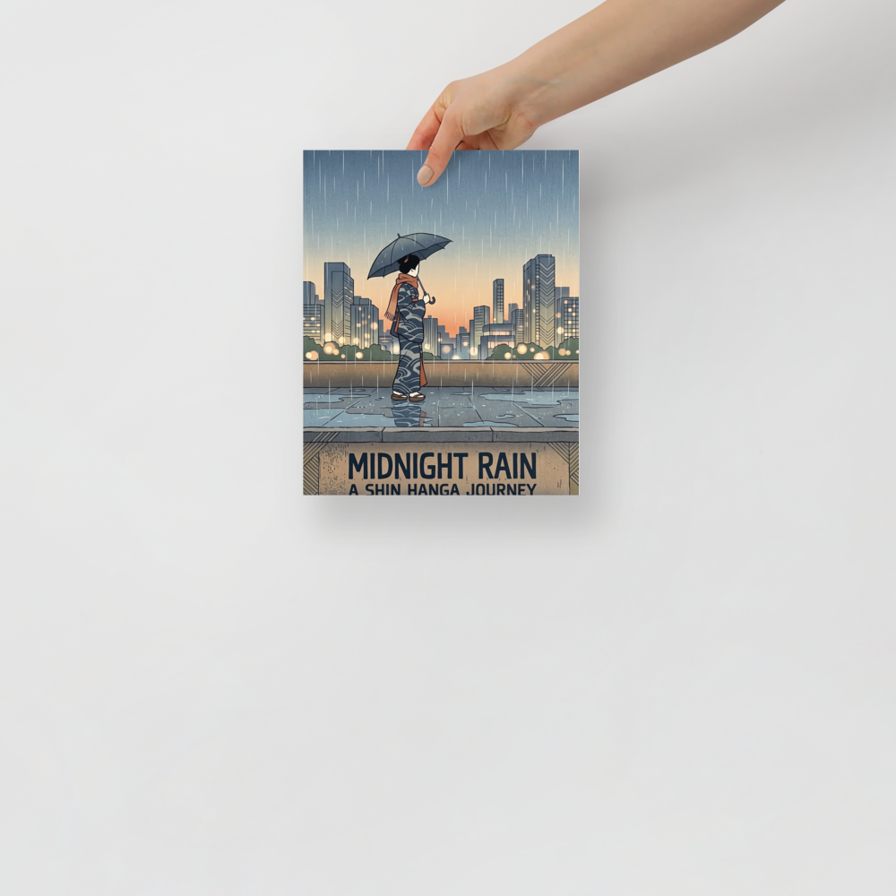 'Midnight Rain' — a Shin hanga print. A woman holding an umbrella stands on a terrace looking toward a rainy city skyline at dusk above typography reading Midnight Rain, perfect for a living room.