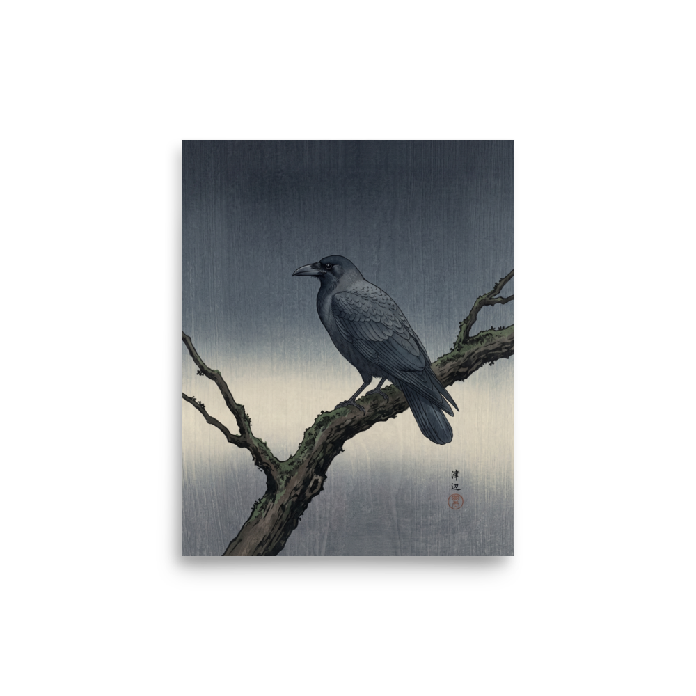 'Solitary Raven at Dusk' — a Shin hanga print. A dark raven perches on a mossy winter branch against a textured gray woodblock background, bringing a calm aesthetic to an office.