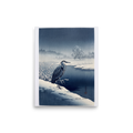 'Winter Heron' — a Shin hanga print. A stately blue heron stands on a snow-covered riverbank along dark winter waters, bringing a serene atmosphere to a calm bedroom.