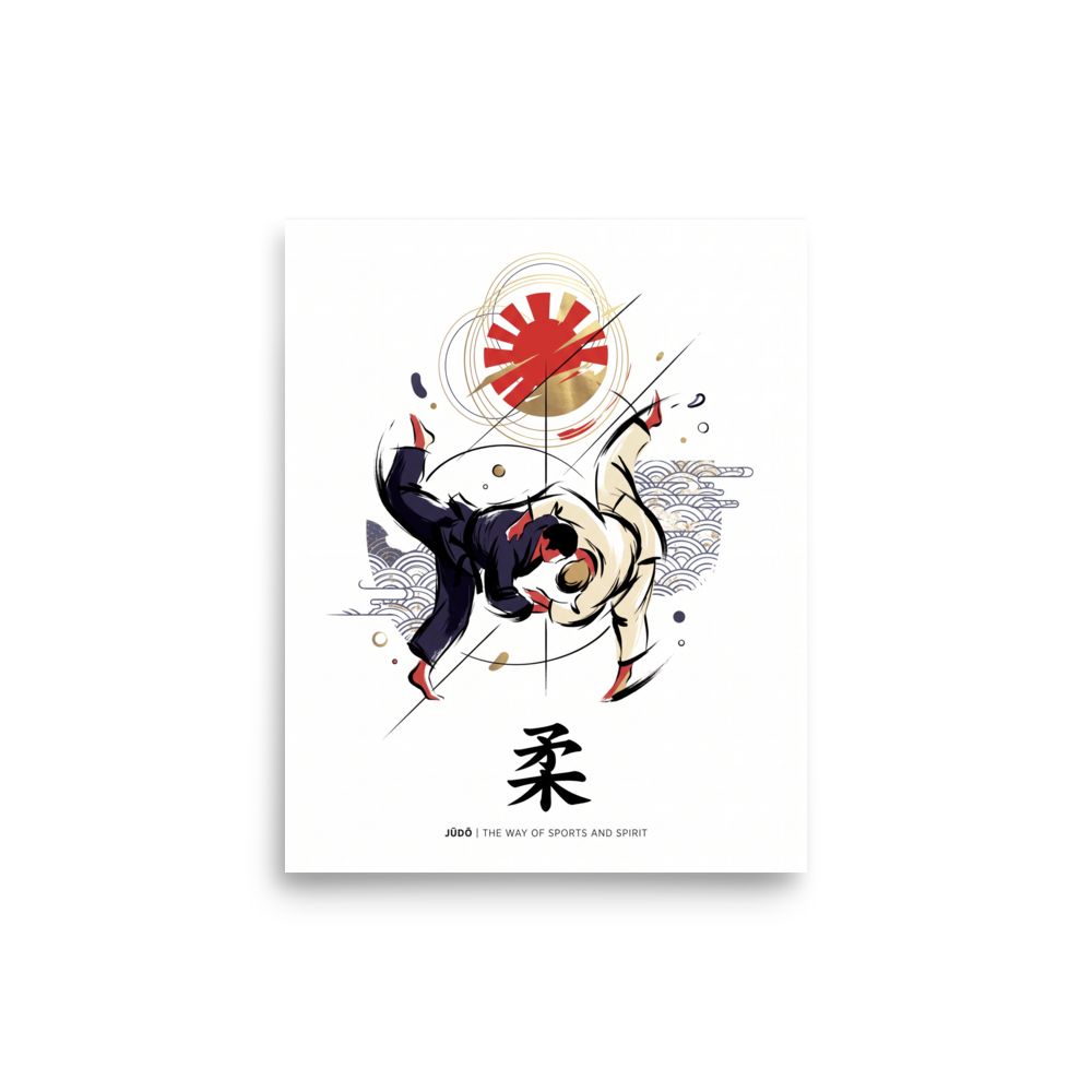 'Way of Judo' — a Shin hanga print. A dynamic illustration of two Judo martial artists executing a throw beneath a red and gold sun emblem, ideal for gym wall art.