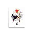 'Way of Judo' — a Shin hanga print. A dynamic illustration of two Judo martial artists executing a throw beneath a red and gold sun emblem, ideal for gym wall art.