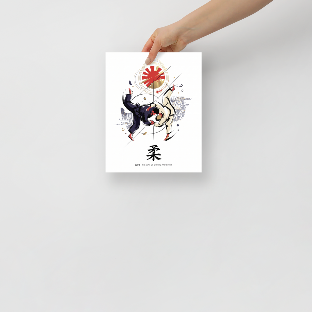 'Way of Judo' — a Shin hanga print. A dynamic illustration of two Judo martial artists executing a throw beneath a red and gold sun emblem, ideal for gym wall art.