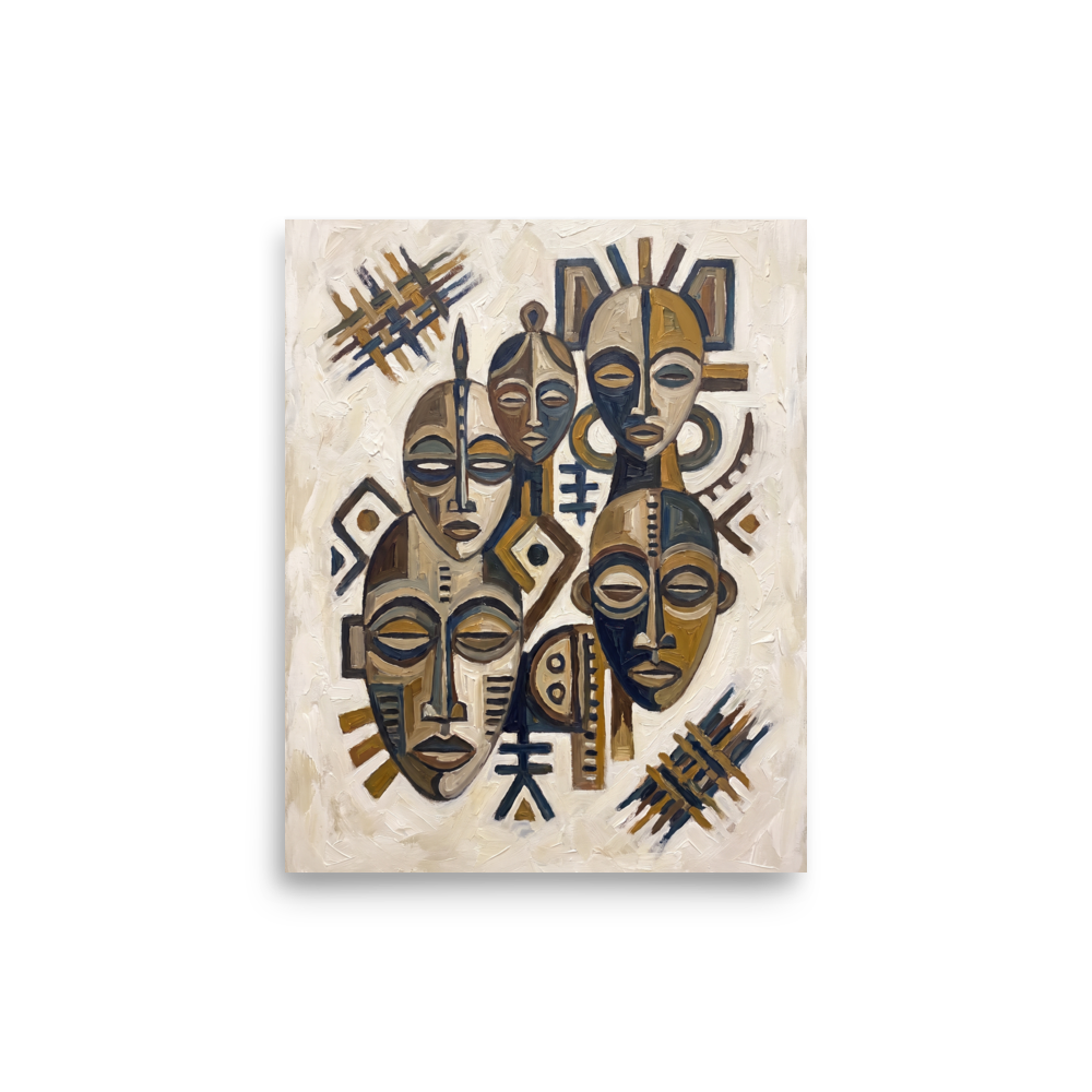'Guardians of Tradition' — a Primitivism,Cubism print. A textured oil painting featuring an assemblage of serene African masks in earthy brown and slate tones, making impactful living room or entryway wall art.