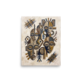 'Guardians of Tradition' — a Primitivism,Cubism print. A textured oil painting featuring an assemblage of serene African masks in earthy brown and slate tones, making impactful living room or entryway wall art.