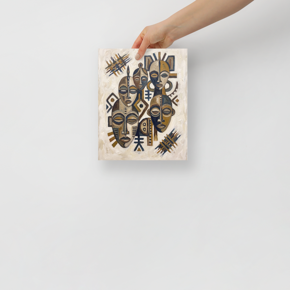 'Guardians of Tradition' — a Primitivism,Cubism print. A textured oil painting featuring an assemblage of serene African masks in earthy brown and slate tones, making impactful living room or entryway wall art.