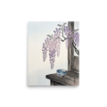 'Wisteria and Tea' — a Shin hanga print. Cascading purple wisteria blossoms hang above a traditional blue ceramic tea bowl on a rustic wooden table, ideal for a serene dining room.