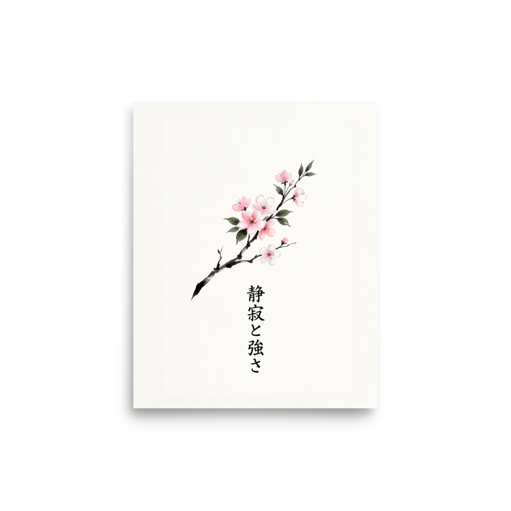 'Sakura in Bloom' — a Shin hanga print. A single cherry blossom bough with pastel pink flowers and Japanese calligraphy on crisp textured paper, ideal for a tranquil bedroom.