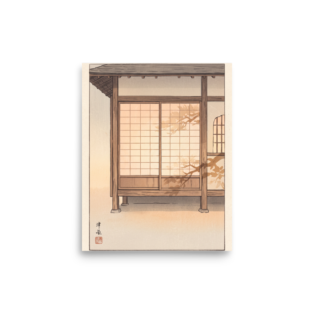 'Shadows on Shoji' — a Shin hanga print. Pine branch silhouettes cast shadows across glowing paper shoji screens of a Japanese wooden house at sunset, creating a serene mood for a bedroom.