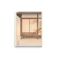 'Shadows on Shoji' — a Shin hanga print. Pine branch silhouettes cast shadows across glowing paper shoji screens of a Japanese wooden house at sunset, creating a serene mood for a bedroom.