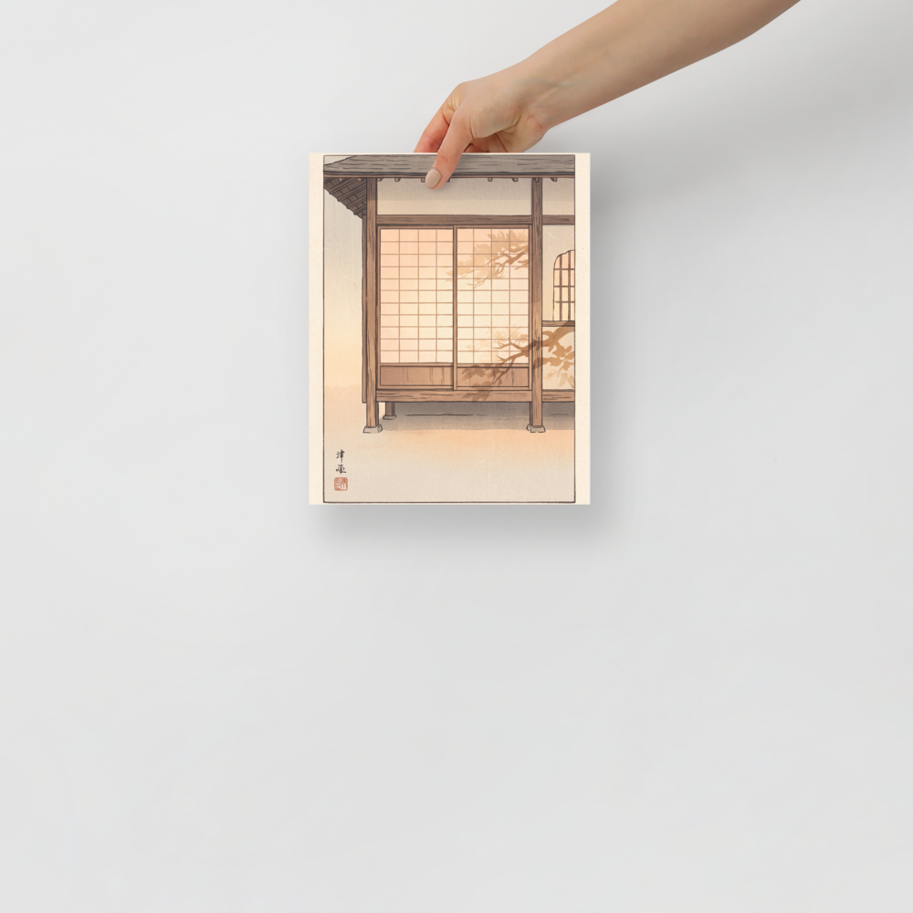 'Shadows on Shoji' — a Shin hanga print. Pine branch silhouettes cast shadows across glowing paper shoji screens of a Japanese wooden house at sunset, creating a serene mood for a bedroom.