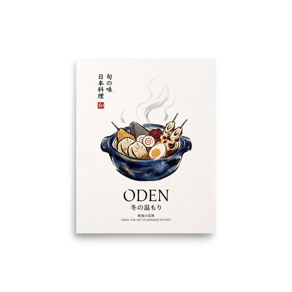'Art of Oden' — a Shin hanga print. An illustration of a steaming blue pot of Japanese oden hotpot with calligraphy on a clean white background, ideal for kitchen wall art.