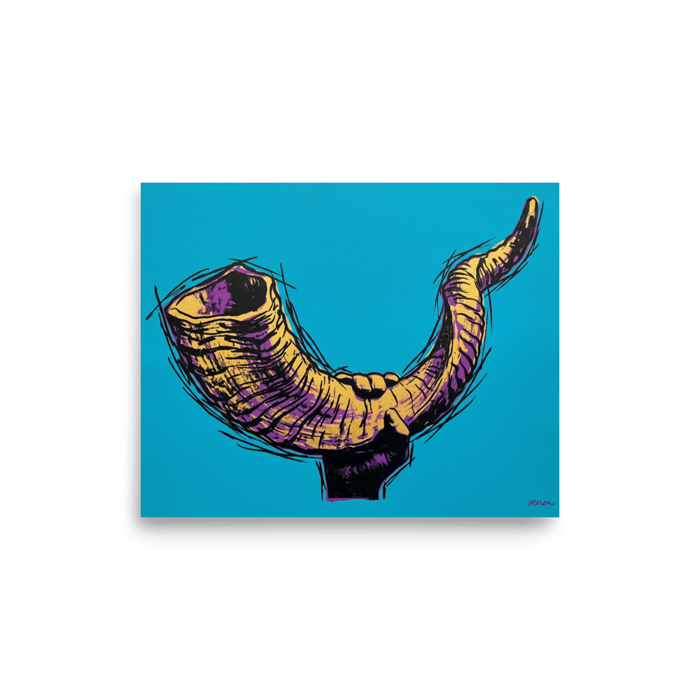 'The Golden Shofar' — a Pop art print. A vibrant pop art illustration of a hand holding a shofar in yellow and purple tones against a bright cyan background, perfect for a modern living room or study.