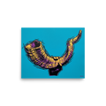 'The Golden Shofar' — a Pop art print. A vibrant pop art illustration of a hand holding a shofar in yellow and purple tones against a bright cyan background, perfect for a modern living room or study.