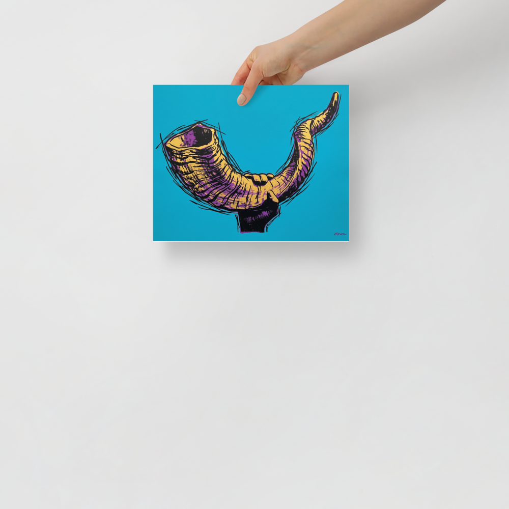 'The Golden Shofar' — a Pop art print. A vibrant pop art illustration of a hand holding a shofar in yellow and purple tones against a bright cyan background, perfect for a modern living room or study.
