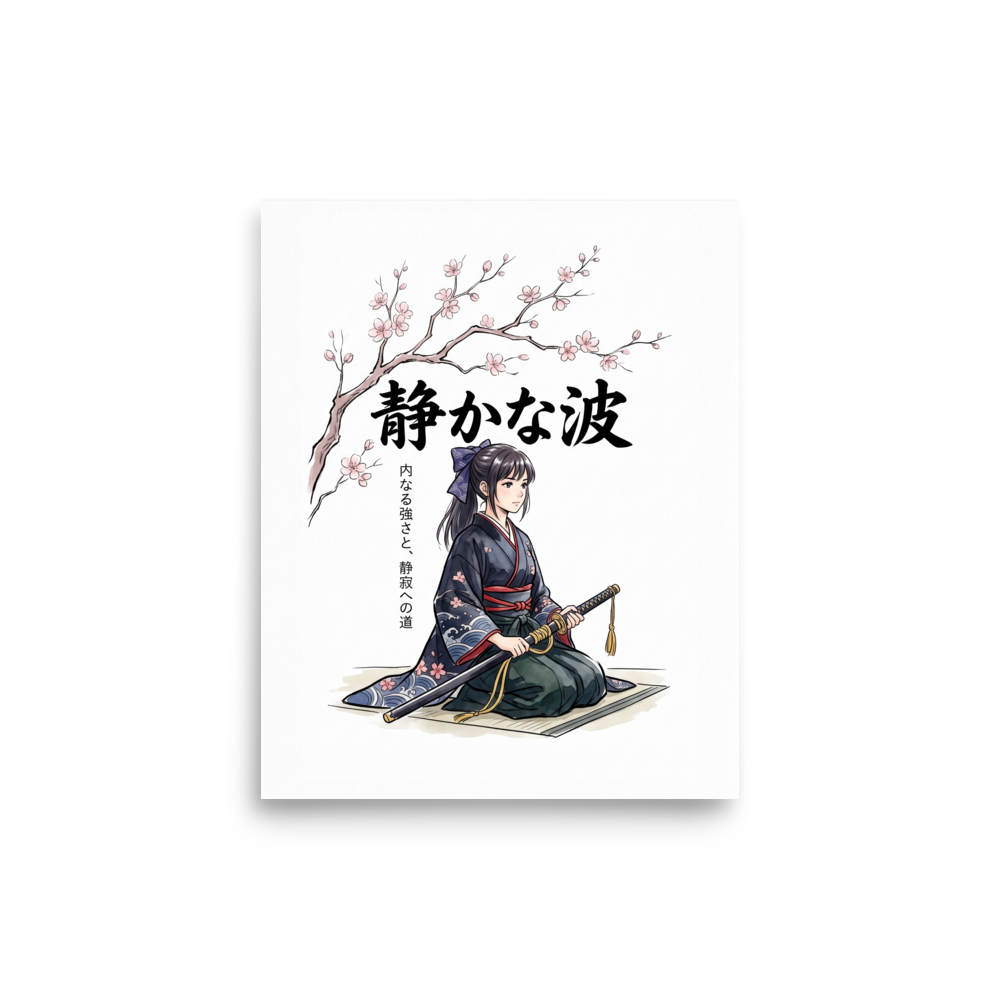 'Quiet Resolve' — a Shin hanga print. A kneeling female samurai in a blossom patterned kimono holds a sheathed sword beneath cherry blossoms, perfect for tranquil bedroom wall art.