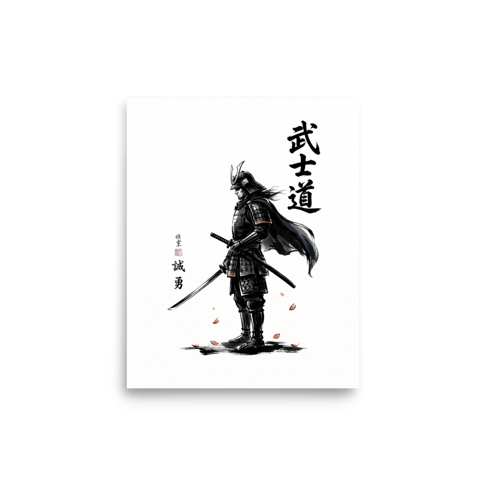 'Way of the Warrior' — a Shin hanga print. A samurai warrior in dark armor stands with a drawn sword beside bold Japanese calligraphy on a white background, ideal for office wall decor.