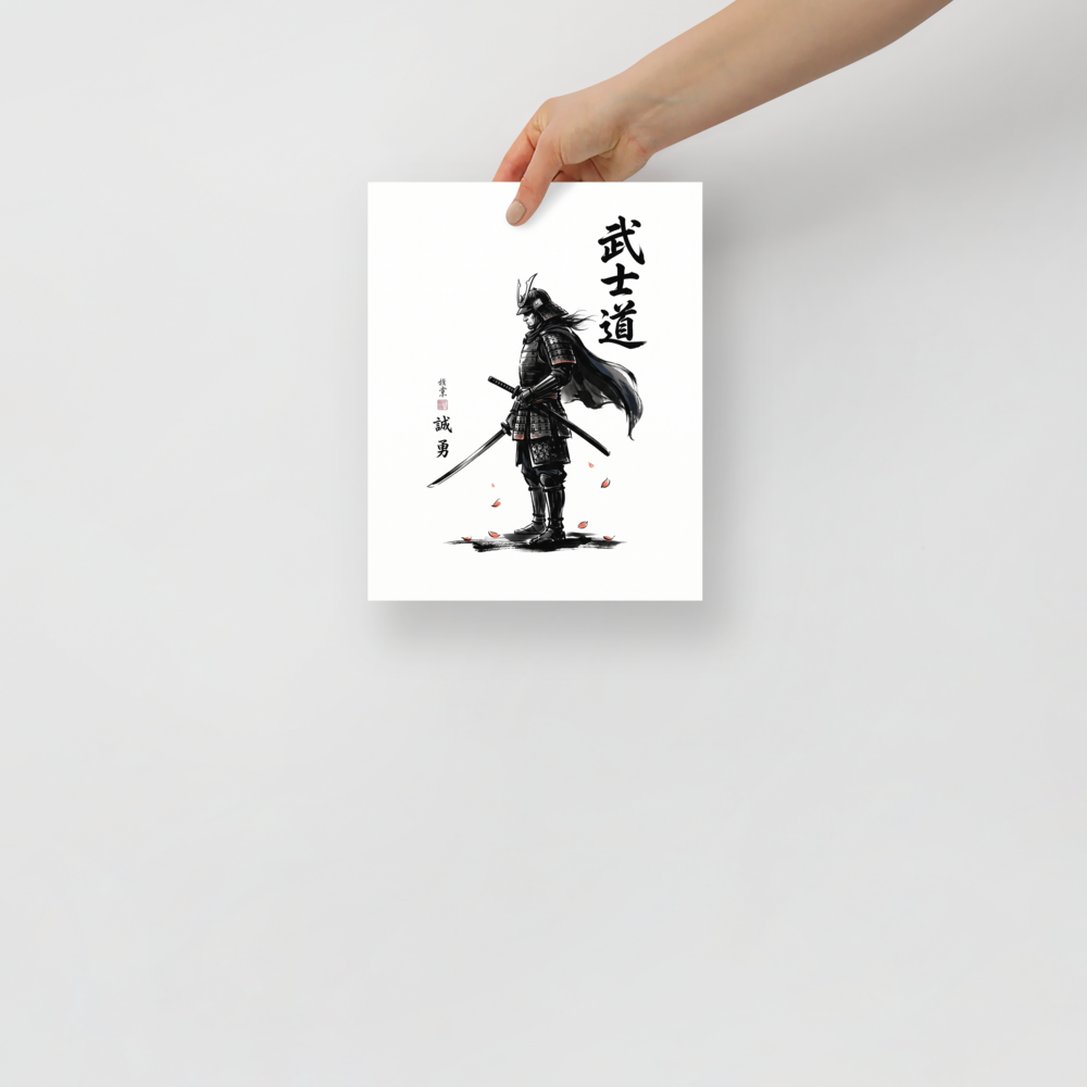 'Way of the Warrior' — a Shin hanga print. A samurai warrior in dark armor stands with a drawn sword beside bold Japanese calligraphy on a white background, ideal for office wall decor.