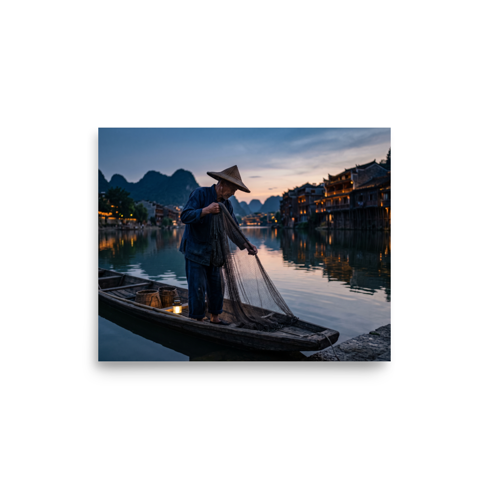 'Twilight River' — a Art photography print. A fisherman gathers his net on a calm river at dusk with illuminated waterfront buildings, creating a serene mood suited for an office.