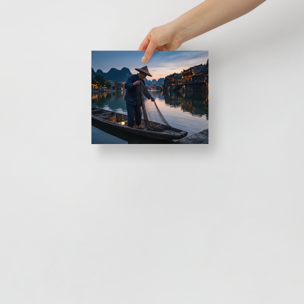 'Twilight River' — a Art photography print. A fisherman gathers his net on a calm river at dusk with illuminated waterfront buildings, creating a serene mood suited for an office.
