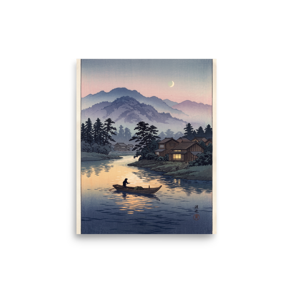 'Moonlit River Crossing' — a Shin hanga print. A lone boatman rows across a calm river reflecting twilight colors and warm cabin window light beneath misty mountains, perfect for a living room.