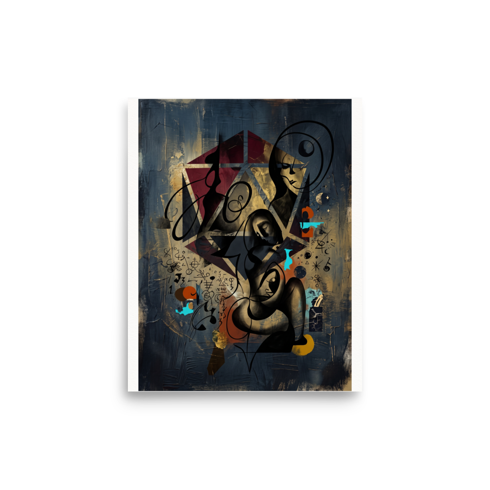 'Alchemist's Embrace' — a Dau-al-Set,Surrealism print. A moody surrealist artwork depicting sculptural figures intertwined with geometric stars and alchemical symbols on a dark indigo background, ideal for creating an intriguing atmosphere in a bedroom or office.