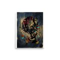 'Alchemist's Embrace' — a Dau-al-Set,Surrealism print. A moody surrealist artwork depicting sculptural figures intertwined with geometric stars and alchemical symbols on a dark indigo background, ideal for creating an intriguing atmosphere in a bedroom or office.