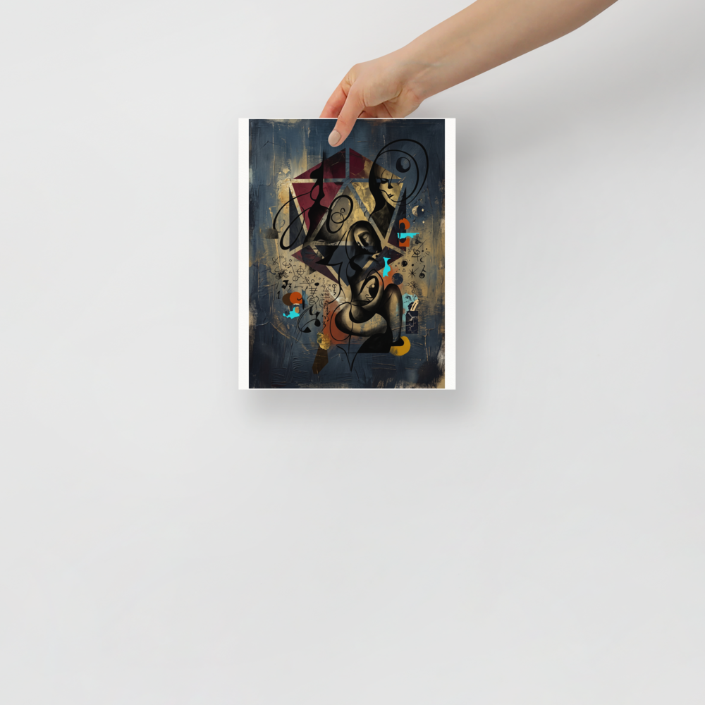 'Alchemist's Embrace' — a Dau-al-Set,Surrealism print. A moody surrealist artwork depicting sculptural figures intertwined with geometric stars and alchemical symbols on a dark indigo background, ideal for creating an intriguing atmosphere in a bedroom or office.