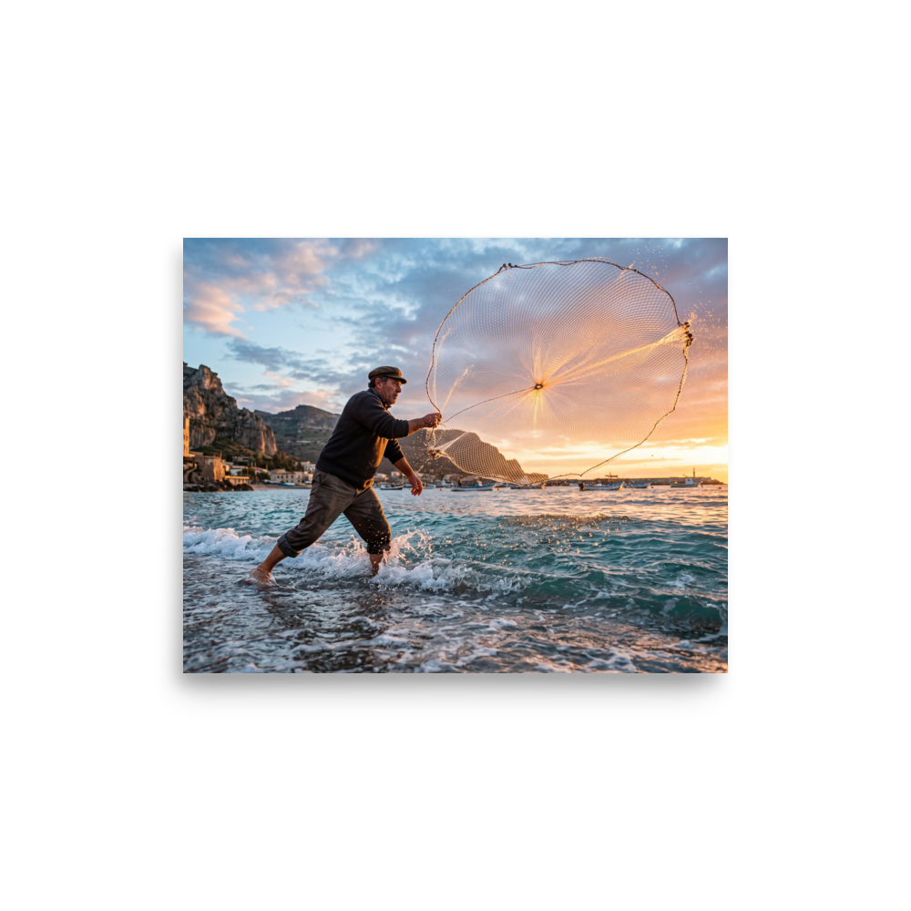 'Casting the Dawn' — a Art photography print. A dynamic photograph of a fisherman casting a circular net that catches golden sunrise light over the sea, ideal for a living room or study.