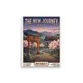 'The New Journey' — a Shin hanga print. A vintage Japanese travel poster titled The New Journey shows a steam locomotive crossing a stone bridge past a red torii gate and cherry blossoms, ideal for an office.