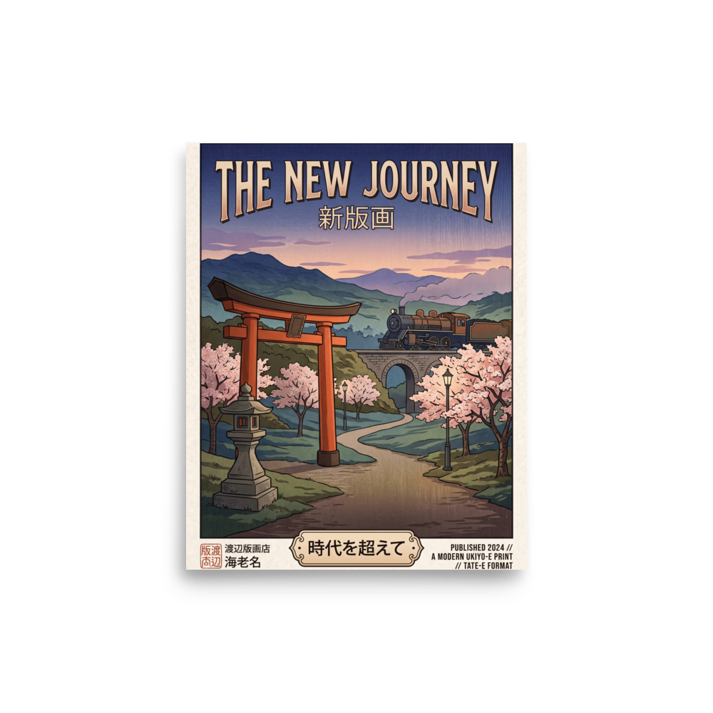 'The New Journey' — a Shin hanga print. A vintage Japanese travel poster titled The New Journey shows a steam locomotive crossing a stone bridge past a red torii gate and cherry blossoms, ideal for an office.