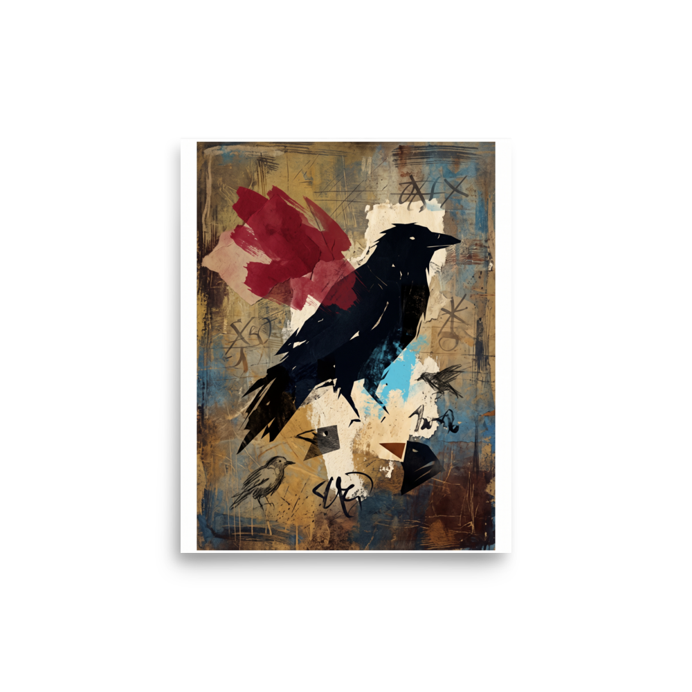 Dau-al-Set wall art exploring animals, 'The Alchemist's Messenger'. A bold mixed-media collage of a black raven silhouette with a red wing and alchemical symbols on textured brown and turquoise paper, perfect for a contemporary office or living room.
