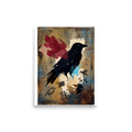 Dau-al-Set wall art exploring animals, 'The Alchemist's Messenger'. A bold mixed-media collage of a black raven silhouette with a red wing and alchemical symbols on textured brown and turquoise paper, perfect for a contemporary office or living room.