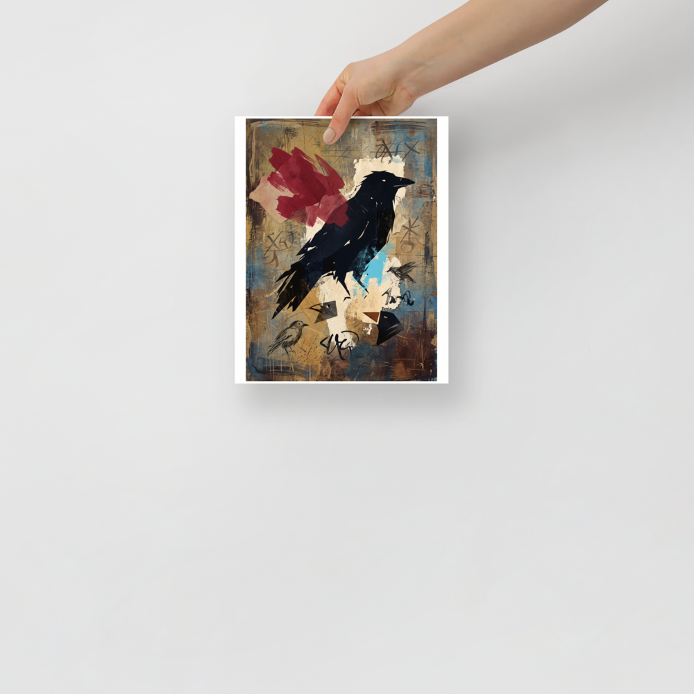 'The Alchemist's Messenger'. A bold mixed-media collage of a black raven silhouette with a red wing and alchemical symbols on textured brown and turquoise paper, perfect for a contemporary office or living room. Offered as a Dau-al-Set print.