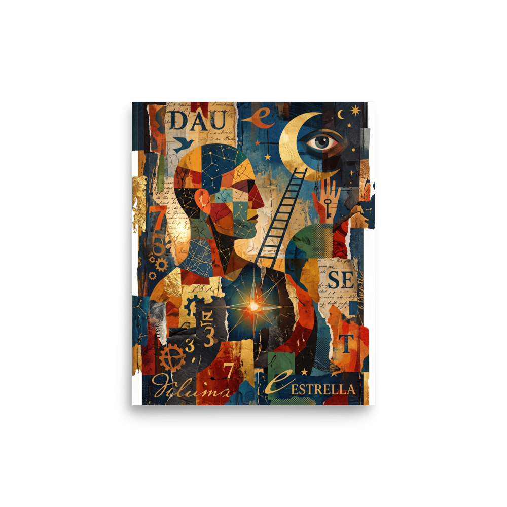A mystical / mysterious Dau-al-Set print, 'Ladder to the Stars'. A rich surrealist collage featuring a geometric human figure, a golden crescent moon with an eye, and a ladder reaching into starry skies, ideal for adding depth to a library or living room.