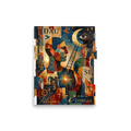 A mystical / mysterious Dau-al-Set print, 'Ladder to the Stars'. A rich surrealist collage featuring a geometric human figure, a golden crescent moon with an eye, and a ladder reaching into starry skies, ideal for adding depth to a library or living room.