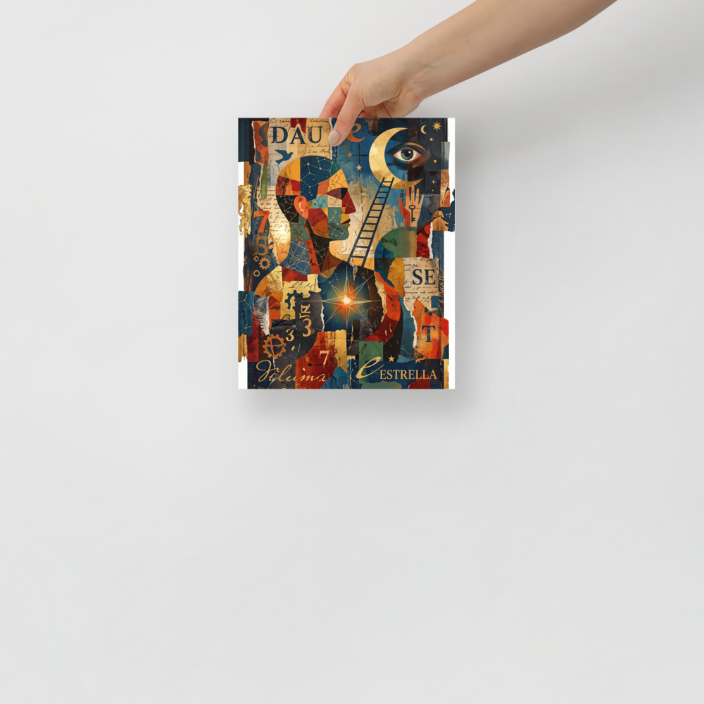 A rich surrealist collage featuring a geometric human figure, a golden crescent moon with an eye, and a ladder reaching into starry skies, ideal for adding depth to a library or living room. A Dau-al-Set art print titled 'Ladder to the Stars'.