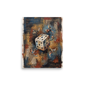 An expressive surrealist oil painting of an alchemical die with winged insect creatures and handwritten script on a rust and blue background, perfect for a lively living room or office. A mystical / mysterious piece titled 'The Seventh Face'.