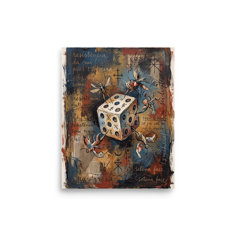 An expressive surrealist oil painting of an alchemical die with winged insect creatures and handwritten script on a rust and blue background, perfect for a lively living room or office. A mystical / mysterious piece titled 'The Seventh Face'.